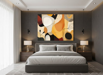 Tableau abstrait contemporain accroché dans un salon moderne, décoration murale design aux tons chauds et formes organiques.
