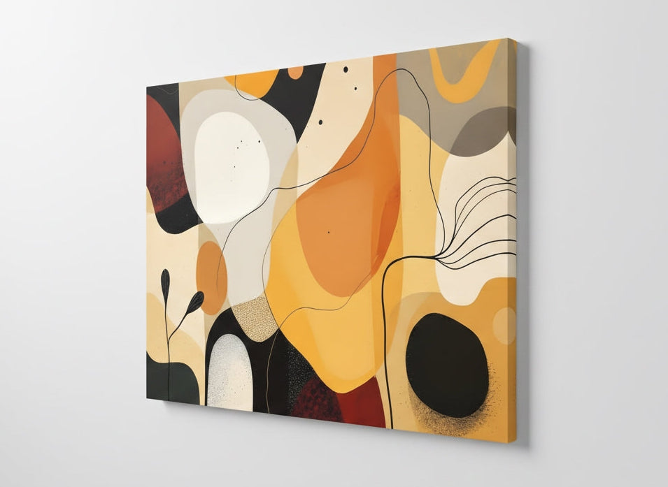 Vue de profil sur toile du tableau abstrait contemporain, détails des courbes organiques et nuances ocre, impression haute qualité.
