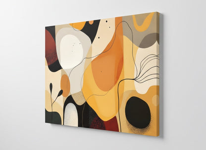 Vue de profil sur toile du tableau abstrait contemporain, détails des courbes organiques et nuances ocre, impression haute qualité.
