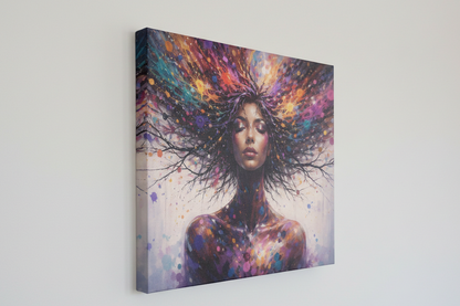 Détail du portrait féminin pop art avec éclaboussures colorées et matière picturale
