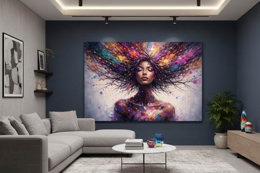 Tableau pop art portrait féminin intégré dans une décoration murale contemporaine
