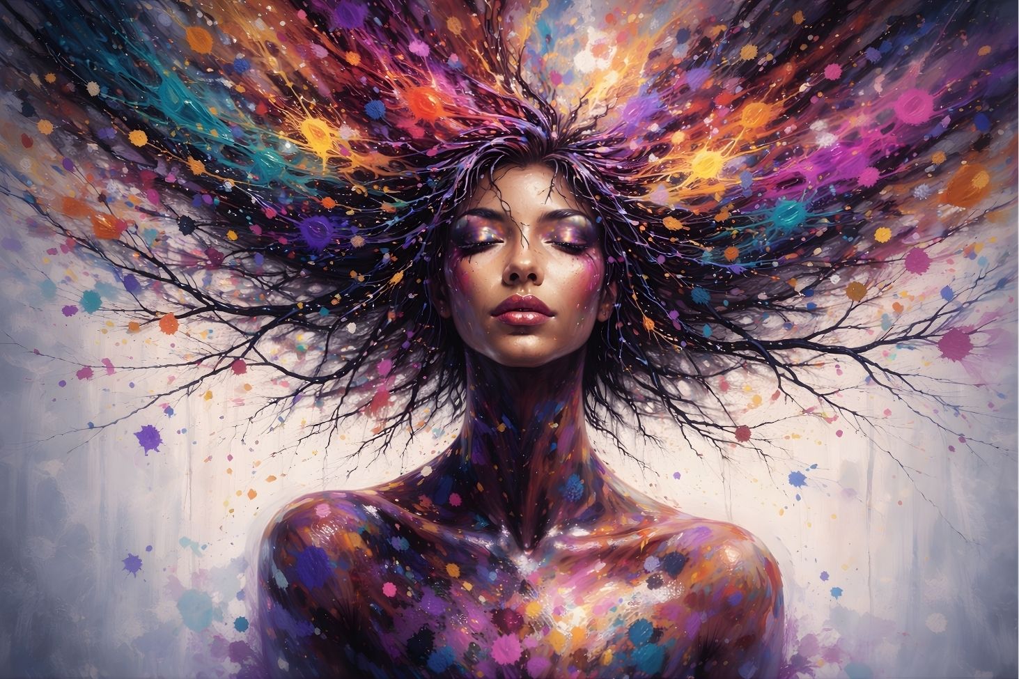 Tableau pop art portrait féminin Éruption intérieure aux couleurs vibrantes et gestuelles
