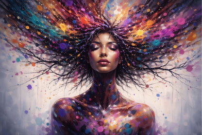 Tableau pop art portrait féminin Éruption intérieure aux couleurs vibrantes et gestuelles
