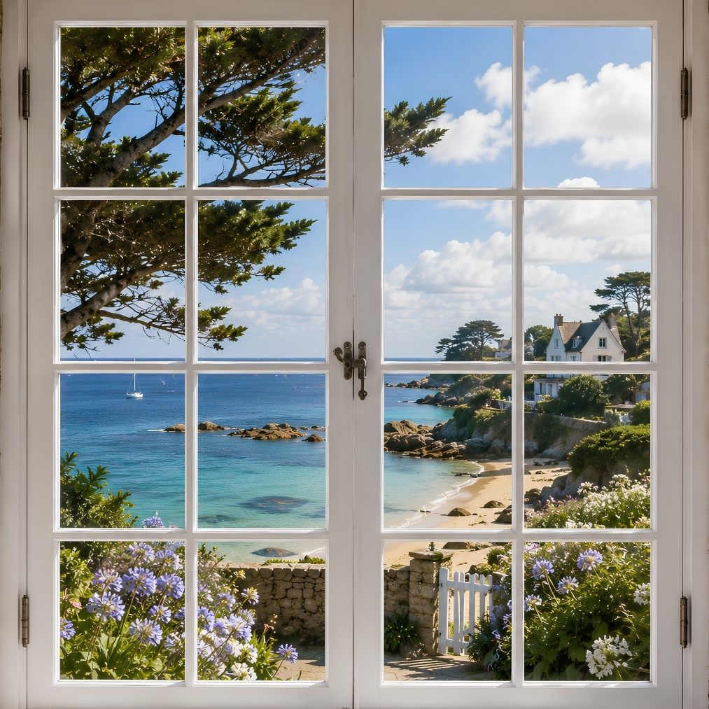 Trompe-l'œil Escale Bretonne avec fenêtre blanche donnant sur une crique et une maison au bord de la mer

