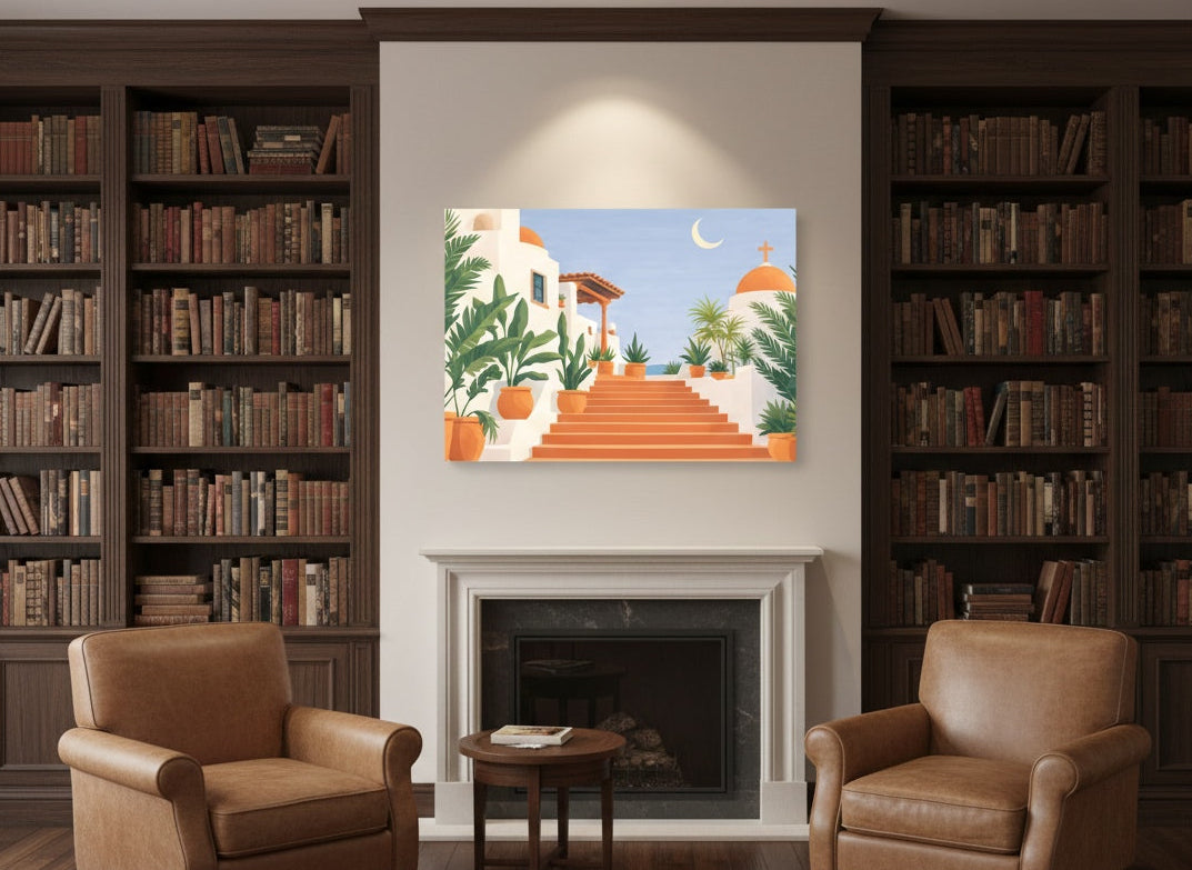 Tableau escalier blanc et terracotta accroché dans un intérieur contemporain, décoration murale solaire et élégante.
