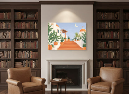 Tableau escalier blanc et terracotta accroché dans un intérieur contemporain, décoration murale solaire et élégante.
