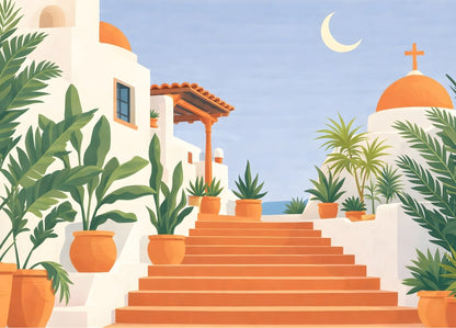 Tableau escalier blanc et terracotta dans un village méditerranéen, architecture minimaliste et ambiance douce sous lune pastel.
