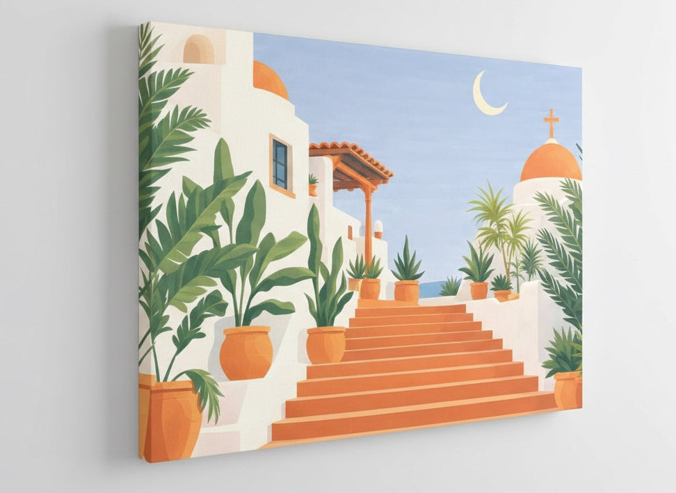 Tableau escalier blanc et terracotta accroché dans un intérieur contemporain, décoration murale solaire et élégante.
