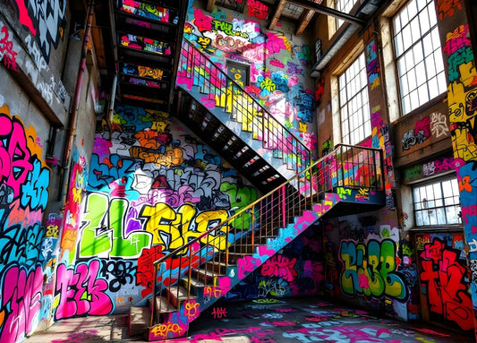 Tableau escalier graffiti coloré style street art industriel, décoration murale urbaine contemporaine vibrante
