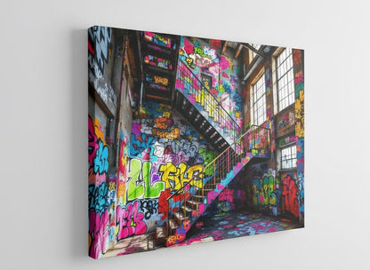 Vue de profil toile escalier graffiti sur châssis, impression haute qualité ambiance loft industriel
