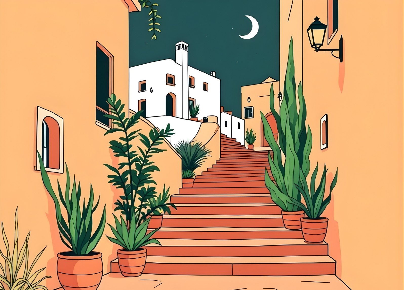 Tableau escalier méditerranéen sous ciel vert émeraude avec façades ocre et végétation en pots, style illustratif contemporain.
