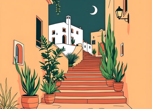 Tableau escalier méditerranéen sous ciel vert émeraude avec façades ocre et végétation en pots, style illustratif contemporain.
