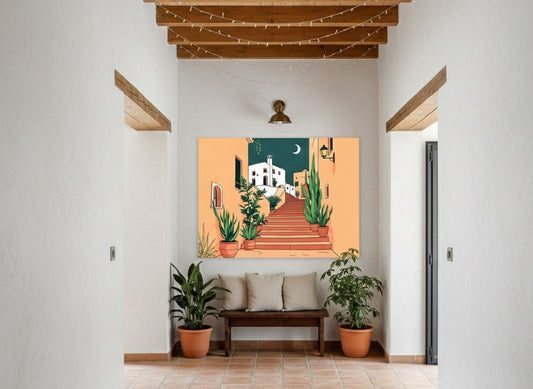 Tableau escalier méditerranéen accroché dans un intérieur moderne, décoration murale graphique et chaleureuse.
