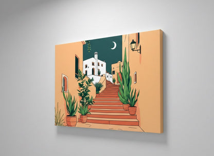 Vue de profil du tableau escalier méditerranéen sur toile montée sur châssis, impression haute définition et couleurs profondes.
