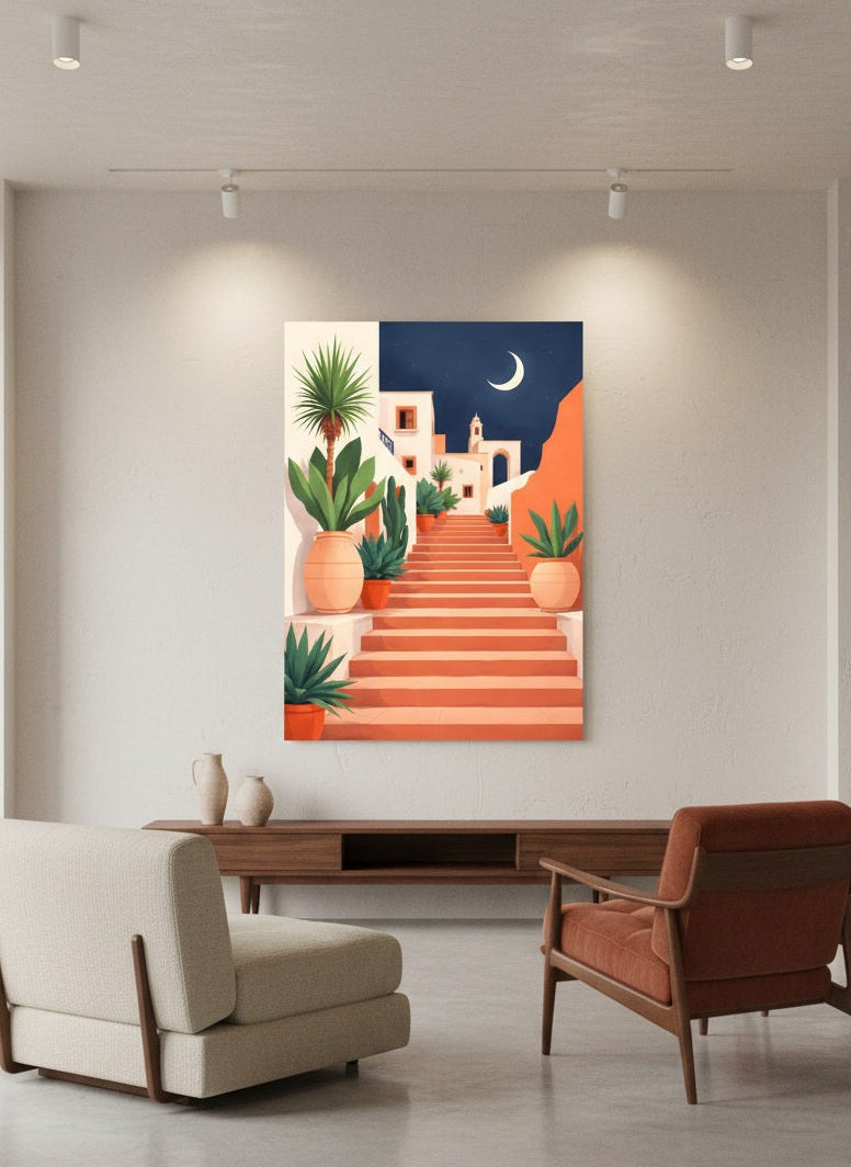 Tableau escalier terracotta accroché dans un salon épuré, décoration murale méditerranéenne contemporaine et chaleureuse.
