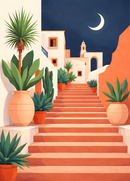 Tableau escalier méditerranéen terracotta sous ciel nocturne et lune fine, architecture minimaliste, création exclusive Iconik-Art.
