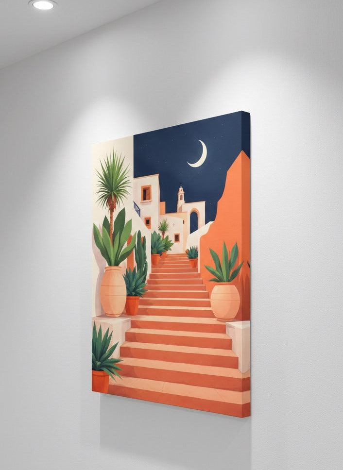 Vue de profil du tableau escalier méditerranéen sur toile montée sur châssis, impression haute définition aux couleurs terracotta et bleu nuit.
