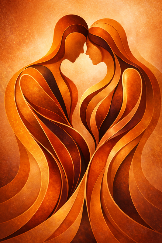 Tableau Étreinte Flamboyante : deux silhouettes enlacées dans des tons chauds, création abstraite exclusive Iconik-Art.