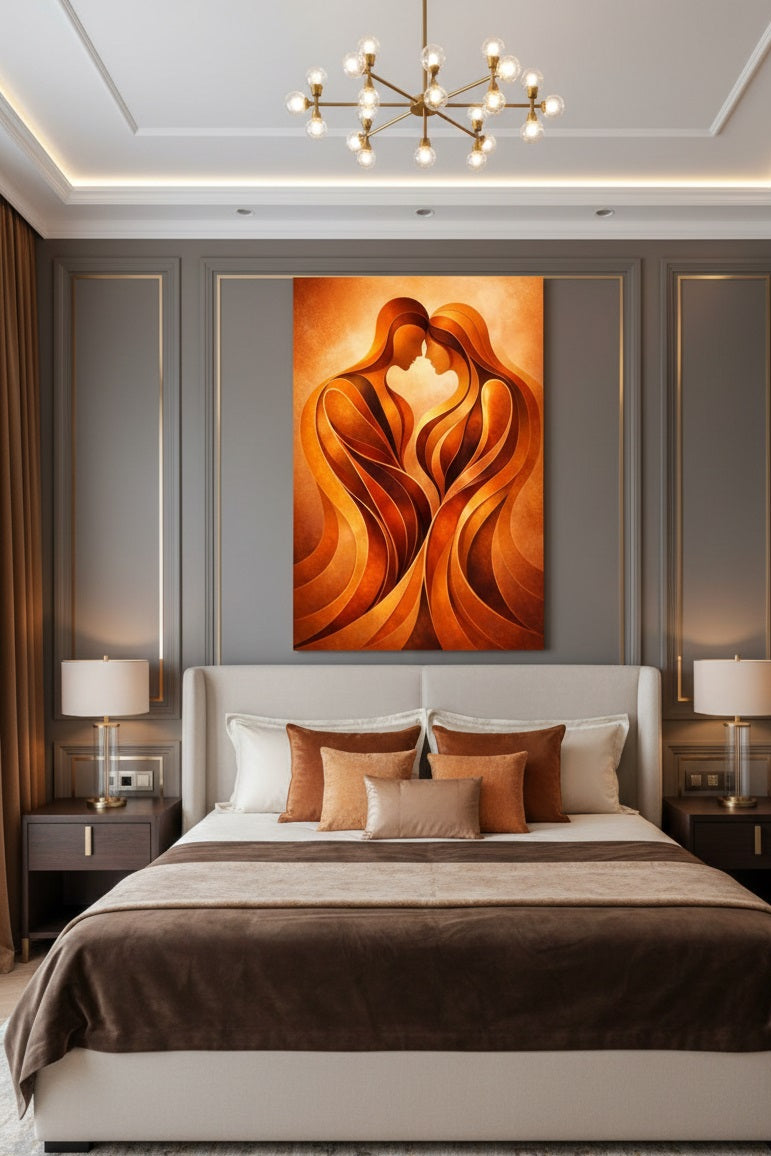 Tableau Étreinte Flamboyante accroché dans un salon moderne, décoration murale abstraite aux tons chauds, ambiance chaleureuse et élégante.