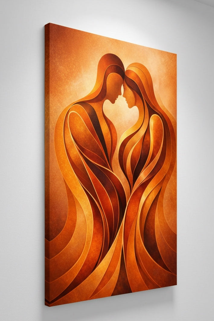 Vue de profil du tableau Étreinte Flamboyante sur châssis toile, détails des courbes et des dégradés de couleurs, impression haute qualité.