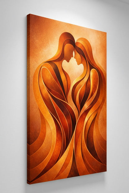Vue de profil du tableau Étreinte Flamboyante sur châssis toile, détails des courbes et des dégradés de couleurs, impression haute qualité.
