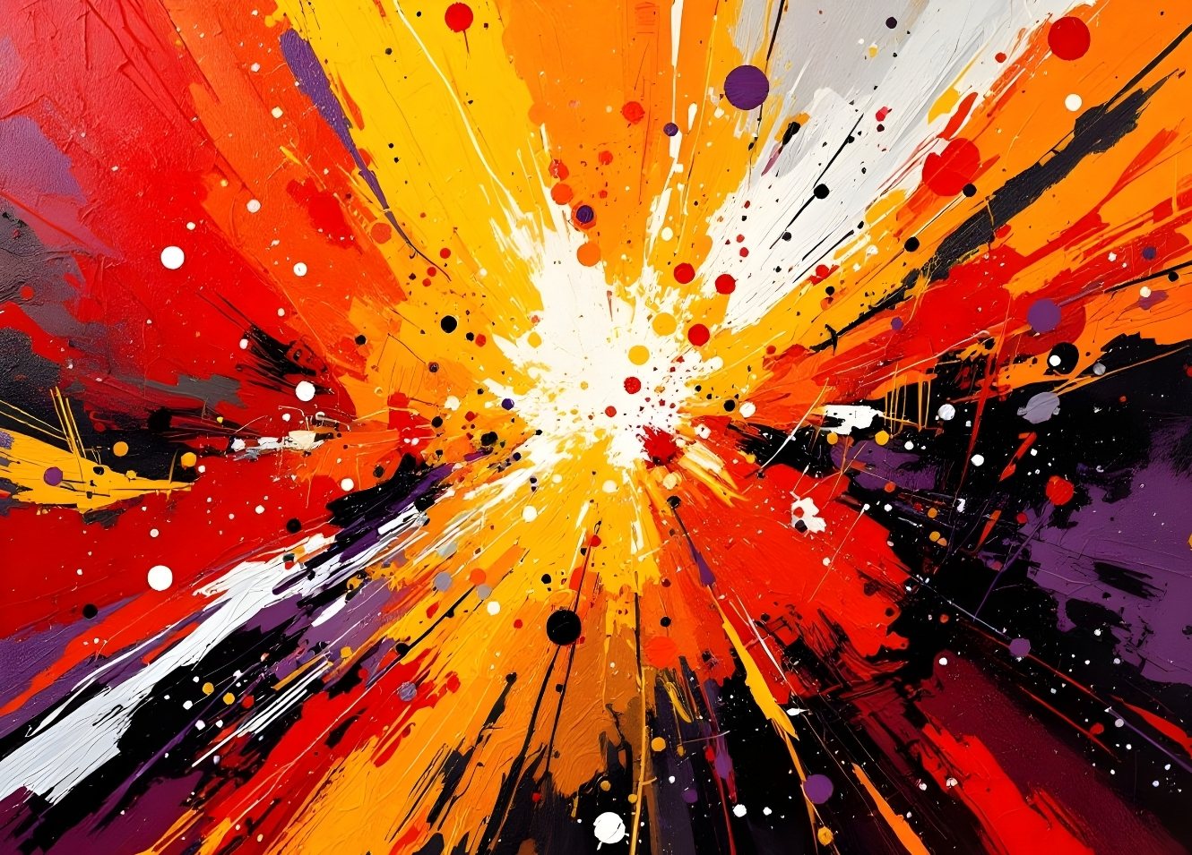 Tableau abstrait moderne explosion de couleurs orange rouge jaune style expressionnisme abstrait contemporain décoration murale design
