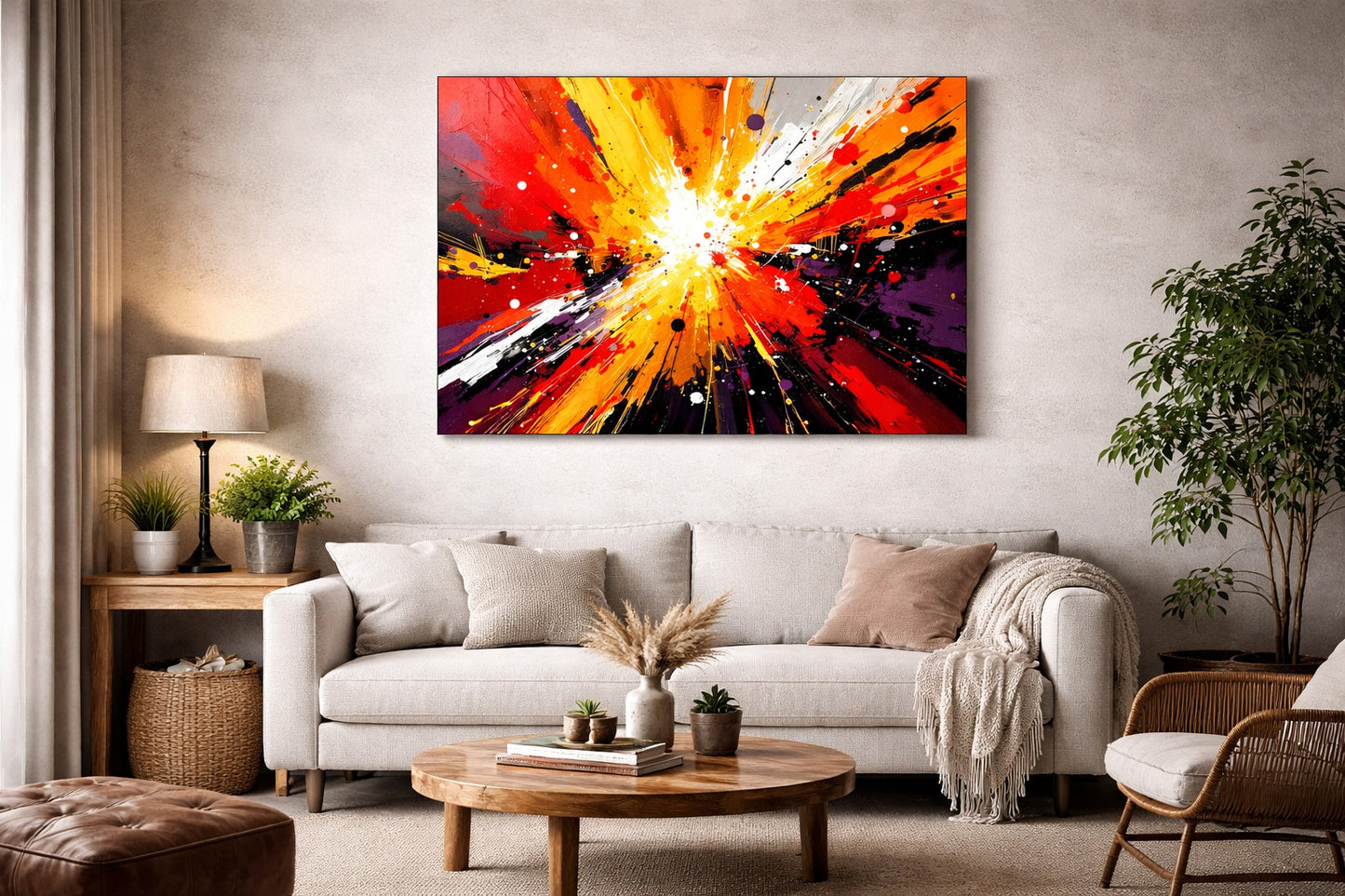 Tableau abstrait moderne explosion colorée accroché dans salon contemporain décoration murale artistique et design
