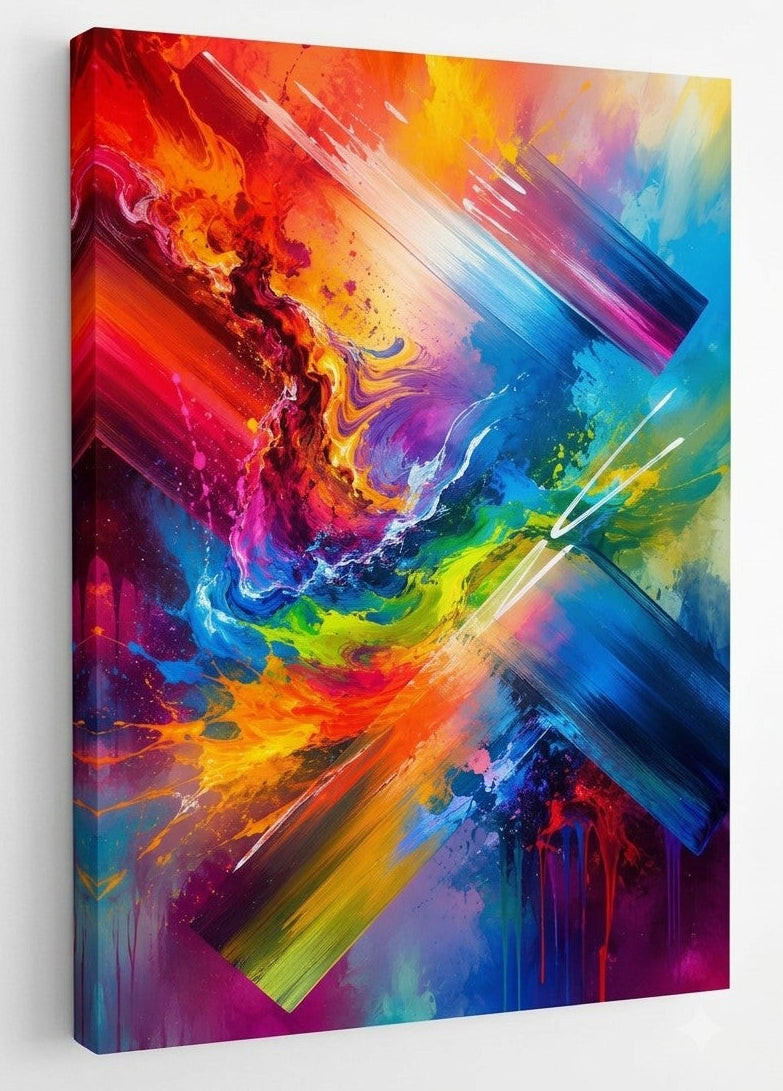 Tableau mural abstrait coloré design avec contrastes vibrants et énergie visuelle pour intérieur contemporain
