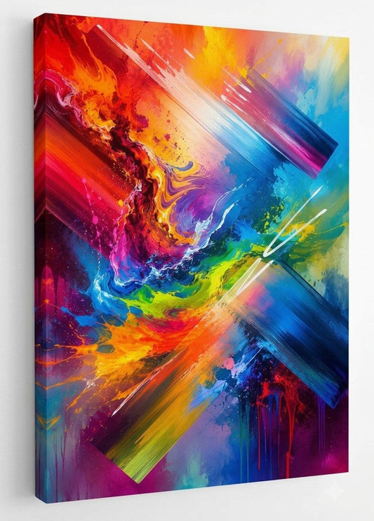 Tableau mural abstrait coloré design avec contrastes vibrants et énergie visuelle pour intérieur contemporain
