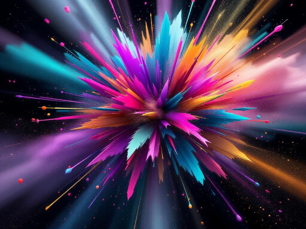 Tableau moderne abstrait explosion de couleurs néon rose bleu et or
