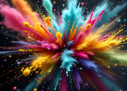 Tableau moderne abstrait explosion de couleurs rose jaune turquoise style peinture abstraite contemporaine
