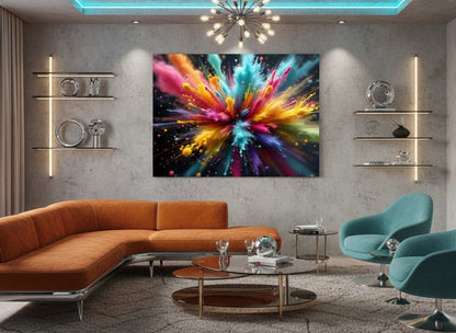 Tableau contemporain abstrait accroché dans un salon moderne design ambiance artistique
