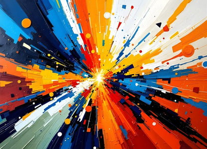 Tableau abstrait moderne explosion cosmique couleurs orange bleu jaune composition artistique contemporaine
