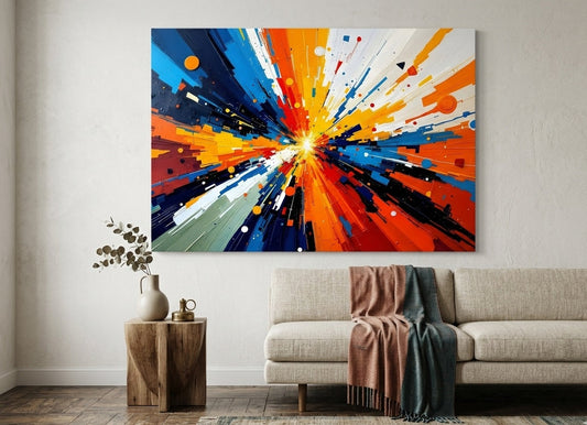 Tableau abstrait moderne explosion cosmique accroché dans salon contemporain décoration murale artistique
