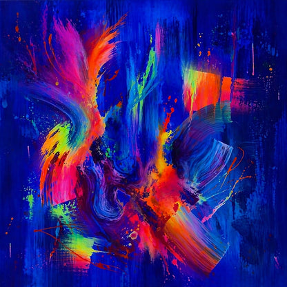 Peinture abstraite avec projection de couleurs vives sur fond bleu intense style gestuel contemporain
