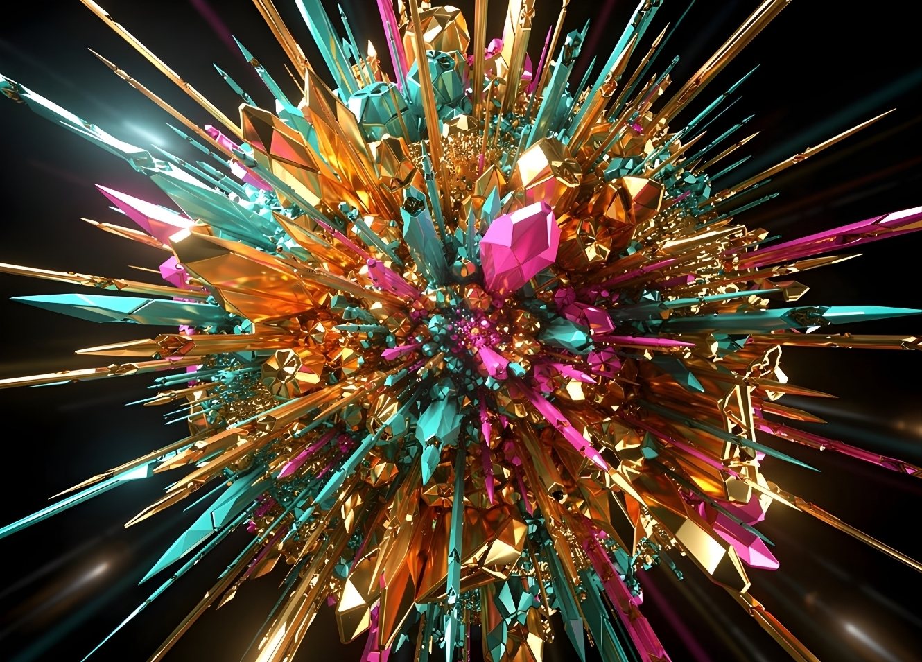 Tableau abstrait géométrique aux éclats turquoise et dorés style contemporain
