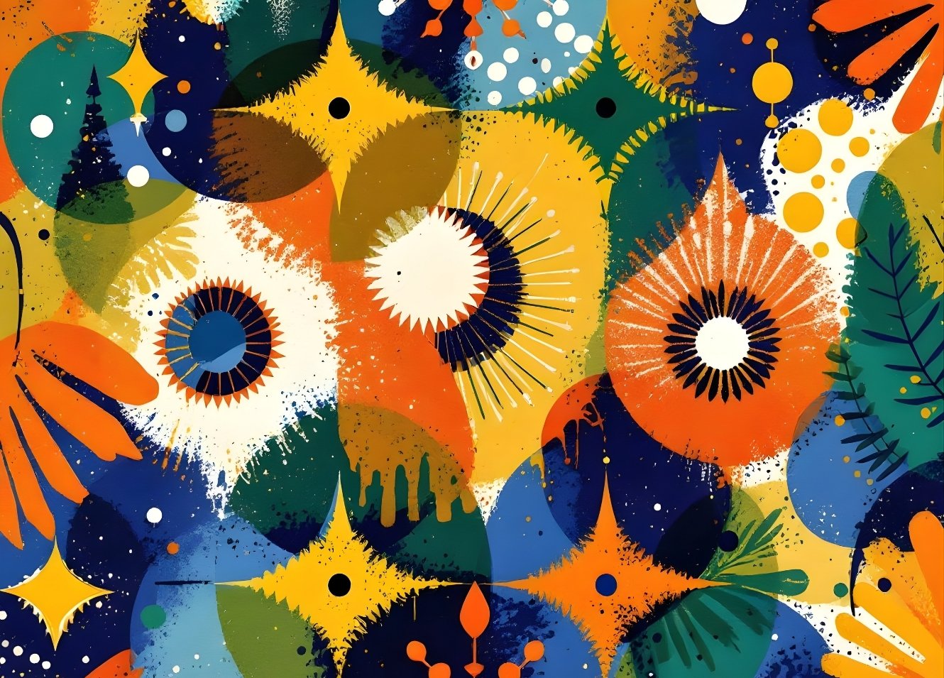 Composition florale abstraite graphique aux couleurs bleu profond, orange et jaune, décoration murale contemporaine pour salon.
