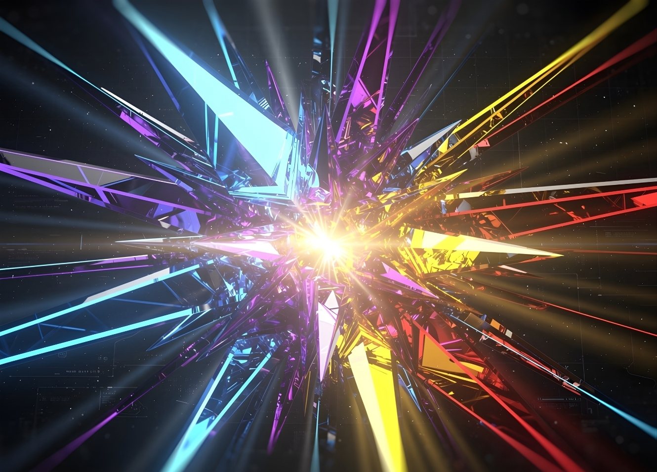 Tableau moderne abstrait explosion lumineuse néon violet bleu jaune design futuriste contemporain
