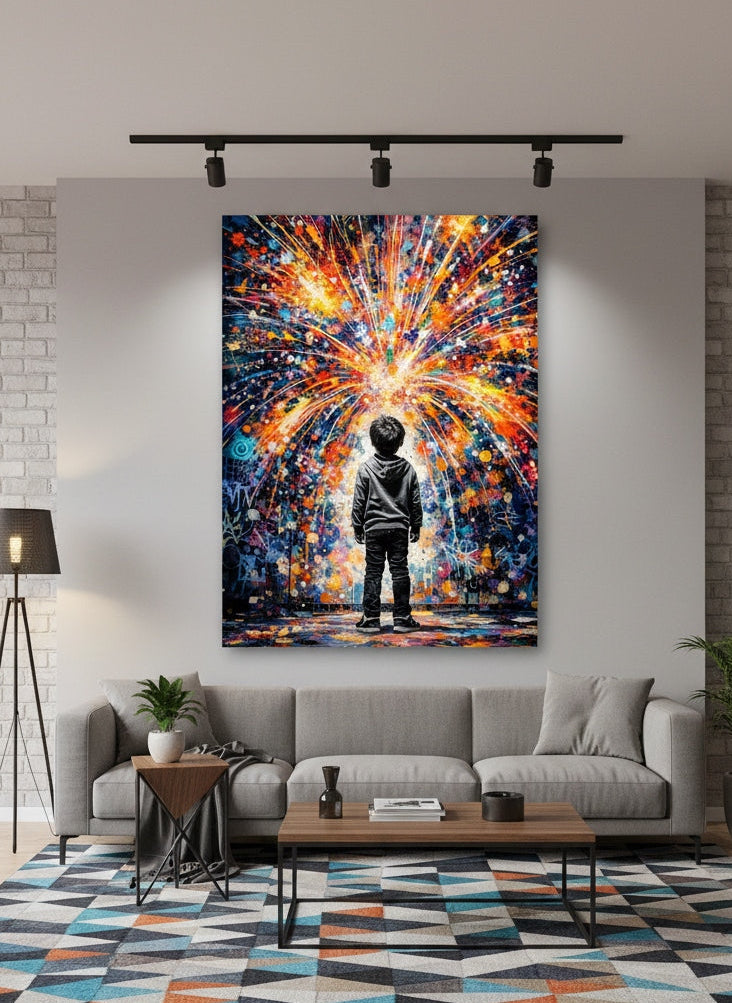 toile pop art représentant un enfant regardant un feu d'artifice de couleurs
