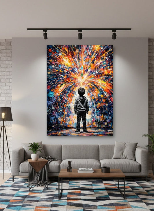 toile pop art représentant un enfant regardant un feu d'artifice de couleurs