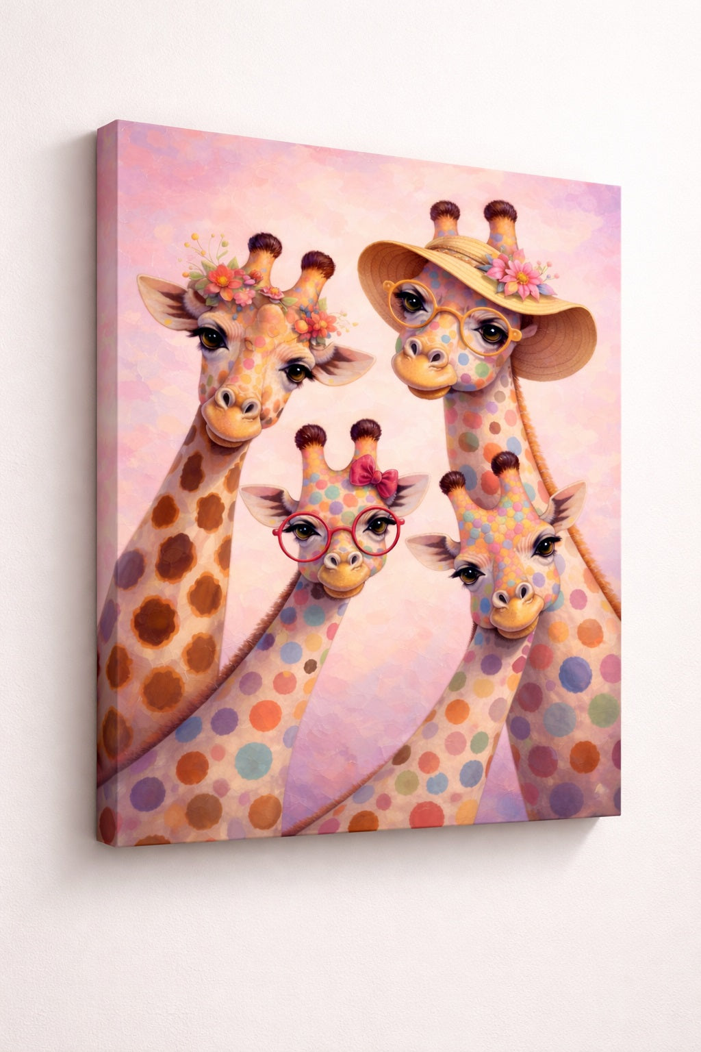 Détails pois multicolores et accessoires ludiques des girafes
