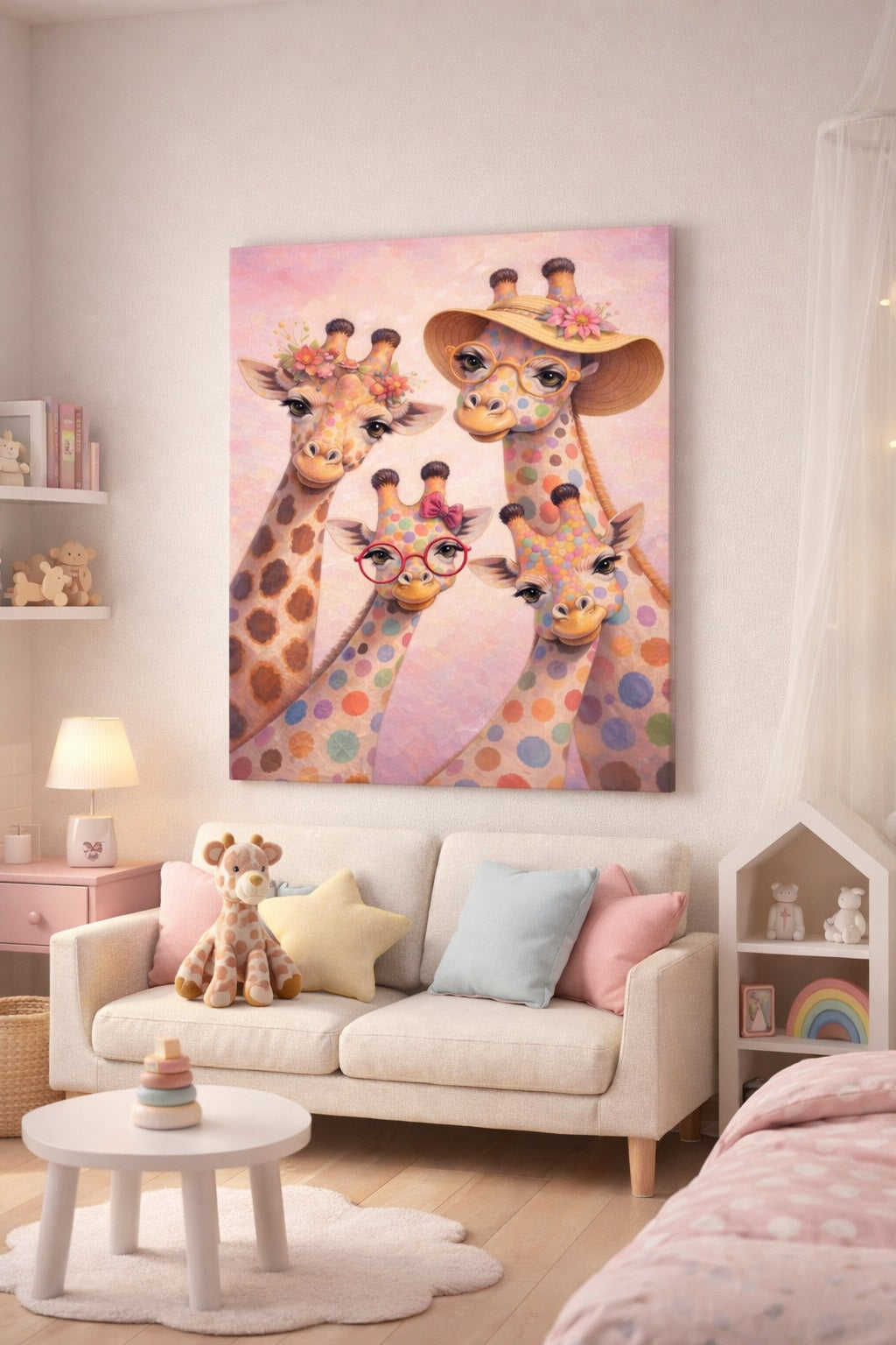 Tableau animaux décalés intégré dans une chambre d’enfant
