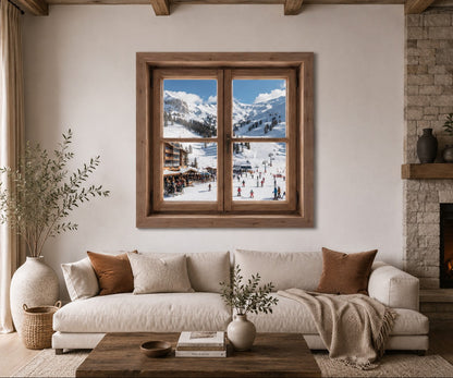 Fausse fenêtre avec vue sur les pistes et sommets enneigés
