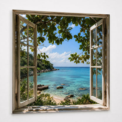 Fausse fenêtre avec vue sur une mer turquoise et cristalline
