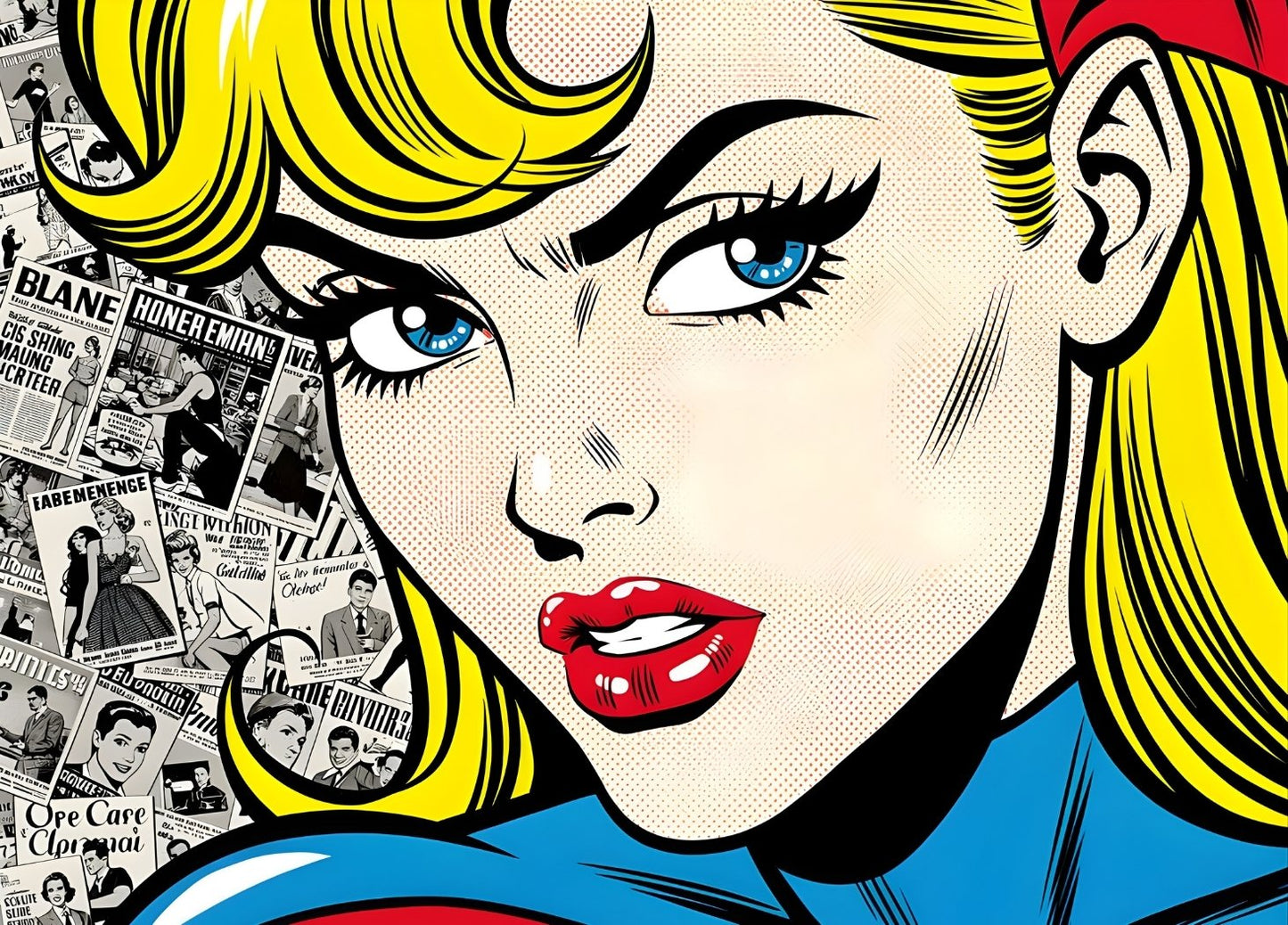 Portrait femme blonde pop art style bande dessinée couleurs rétro graphique
