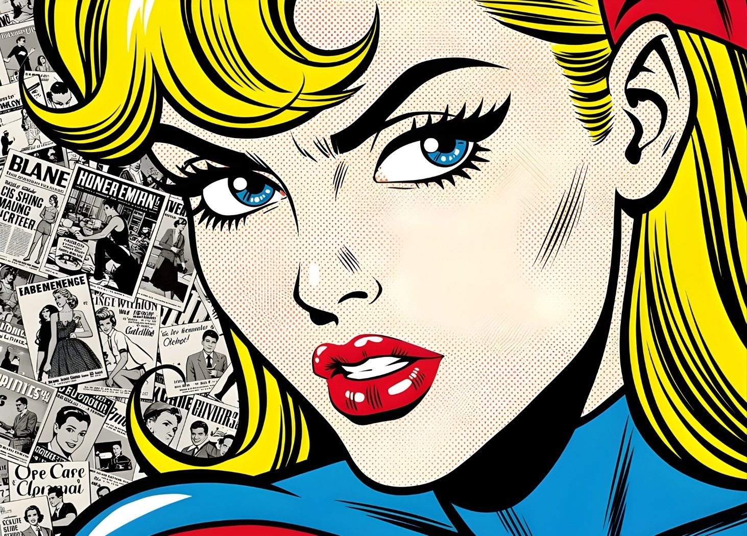Portrait femme blonde pop art style bande dessinée couleurs rétro graphique
