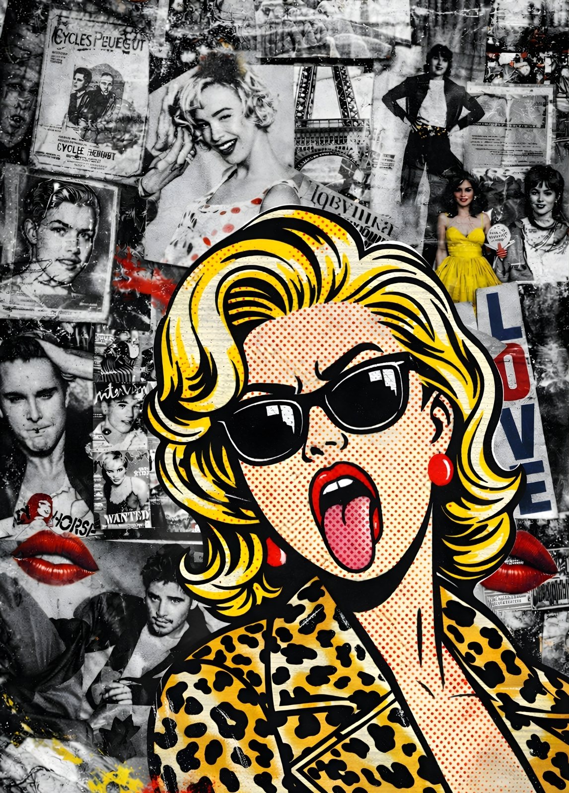 Tableau femme blonde style pop art avec lunettes noires sur collage de célébrités vintage culture pop
