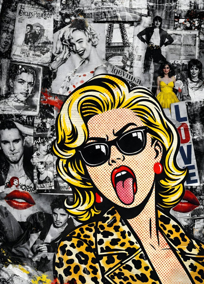 Tableau femme blonde style pop art avec lunettes noires sur collage de célébrités vintage culture pop
