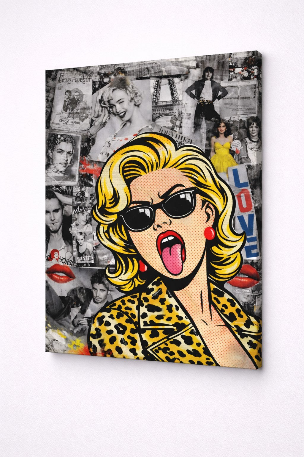 Vue de profil toile femme blonde pop art sur châssis impression artistique contemporaine
