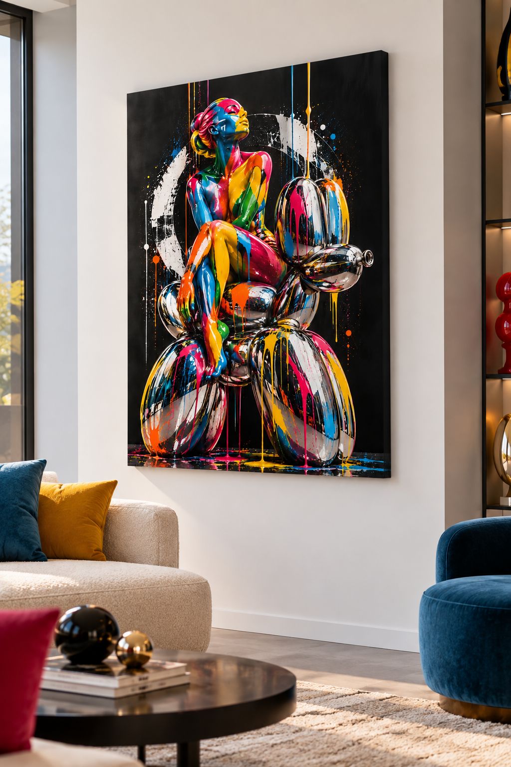 Tableau femme coloré avec sculpture chromée et coulures de peinture

